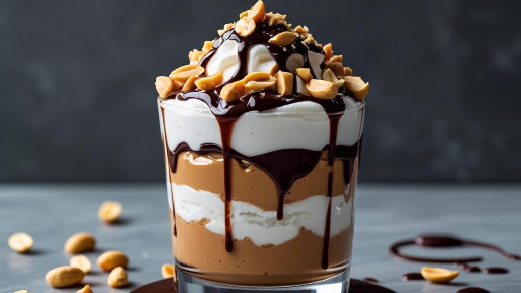 A glass filled with layers of whipped cream, peanut butter, chocolate sauce, and peanuts, styled as a Keto Snickers Peanut Butter Parfait, with extra peanuts scattered around on a white surface