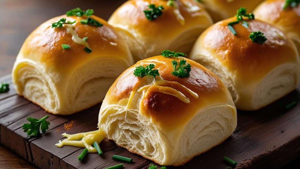 Cheesy vegan dinner rolls arranged on a wooden platter