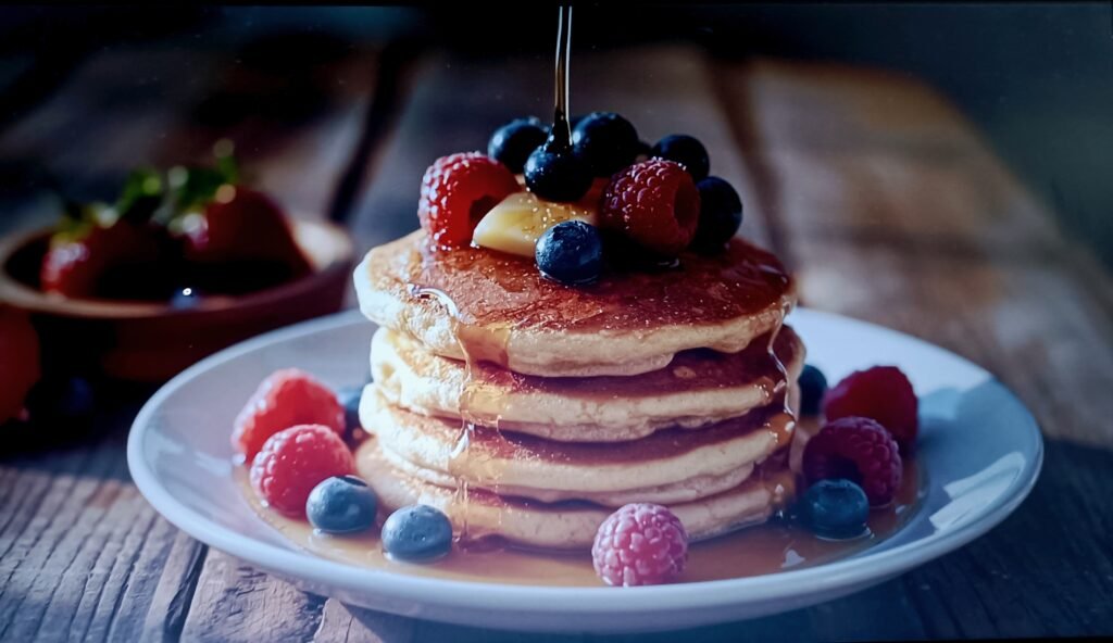 Stack of Almond Flour Pancakes with butter and berries, golden and fluffy, perfect for a quick, delicious low carb breakfast.