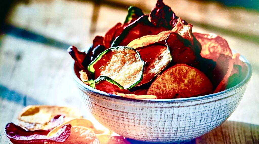 A bowl of homemade Veggie Chips, thinly sliced and crisp, showing a simple, easy low carb vegan snack.