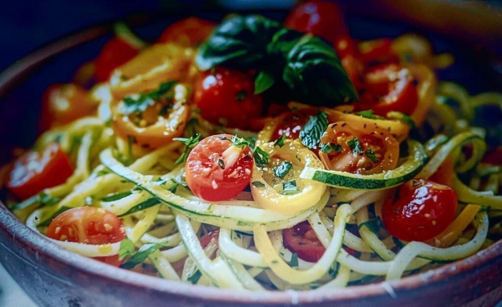Zucchini Noodles Recipe in a bowl with herbs and cheese, fresh and simple low carb vegan pasta.